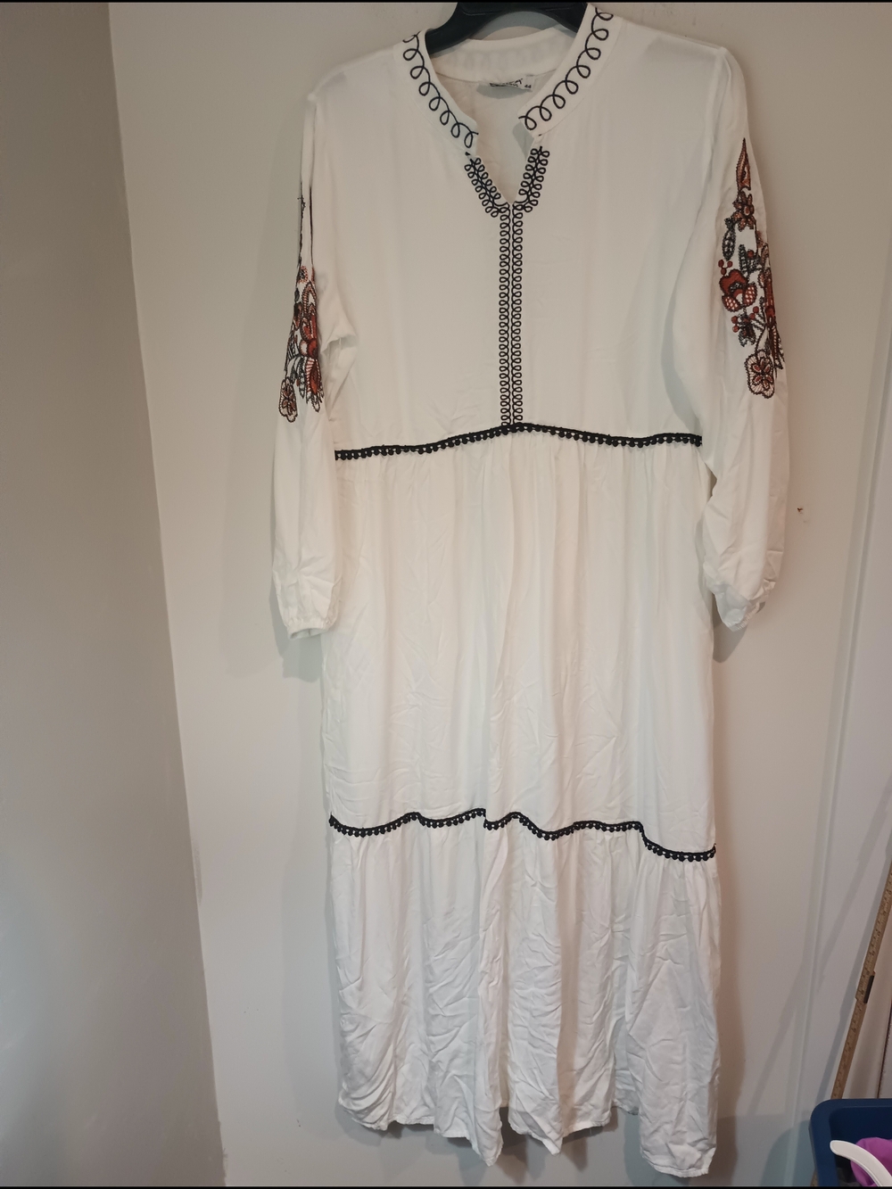 White Maxi Dress with Embroidered Floral Sleeves - Boho Split Neck